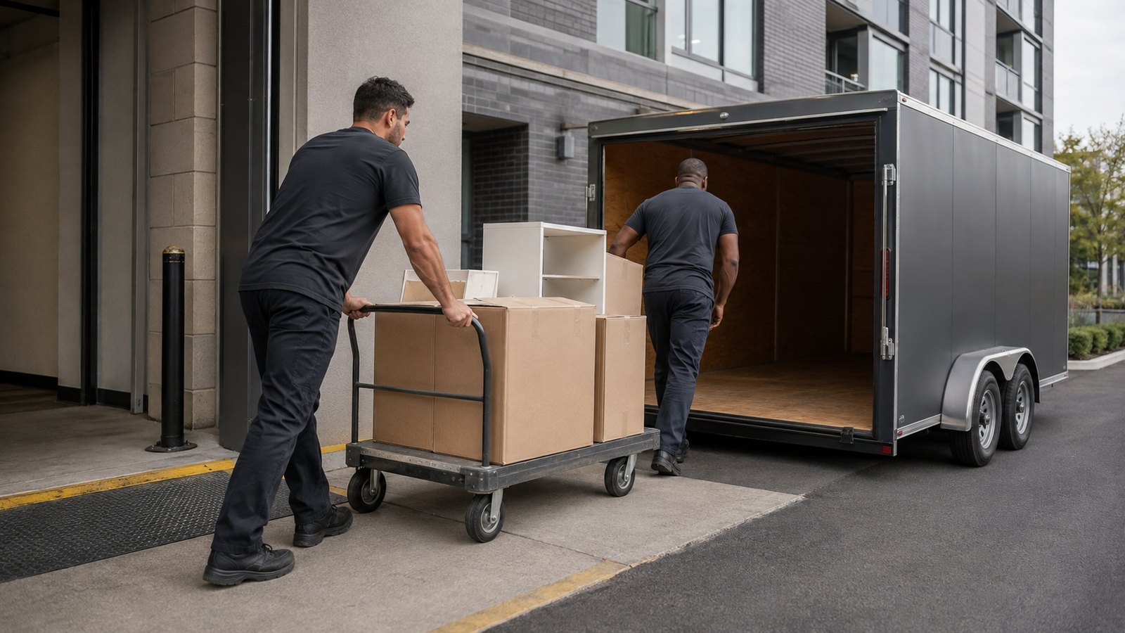 Workers loading boxed household items from a flat cart into an unbranded enclosed trailer beside an Ottawa condo.