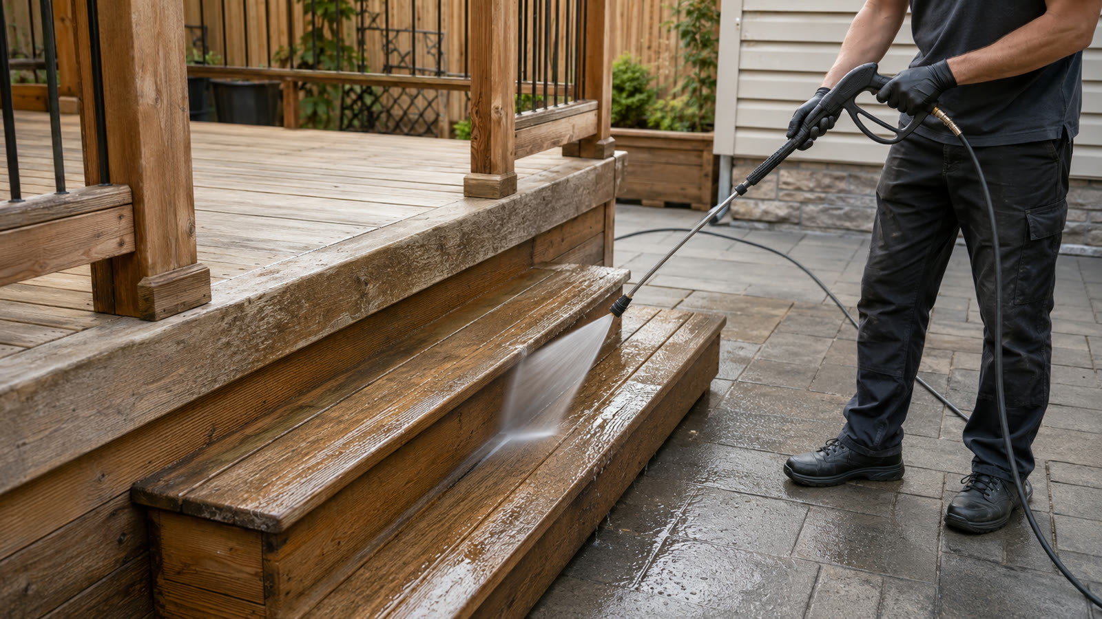 Worker washing the stair treads and edges of an Ottawa wood deck from a stable position on the patio.