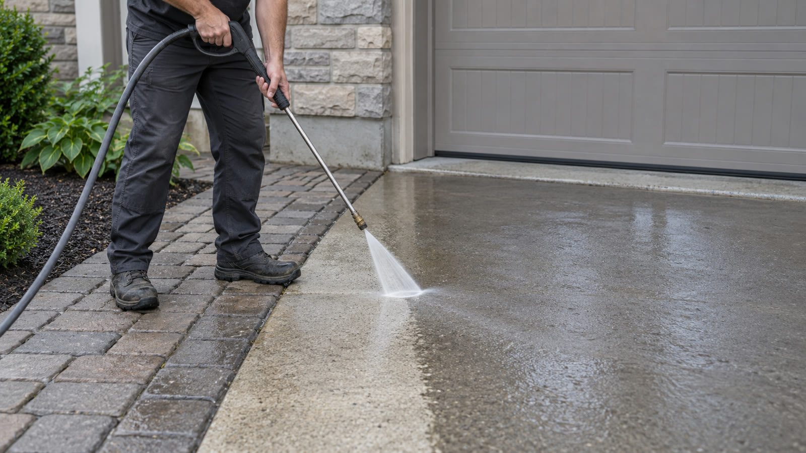 Worker carefully pressure washing the concrete edge beside an interlock border and garage threshold.