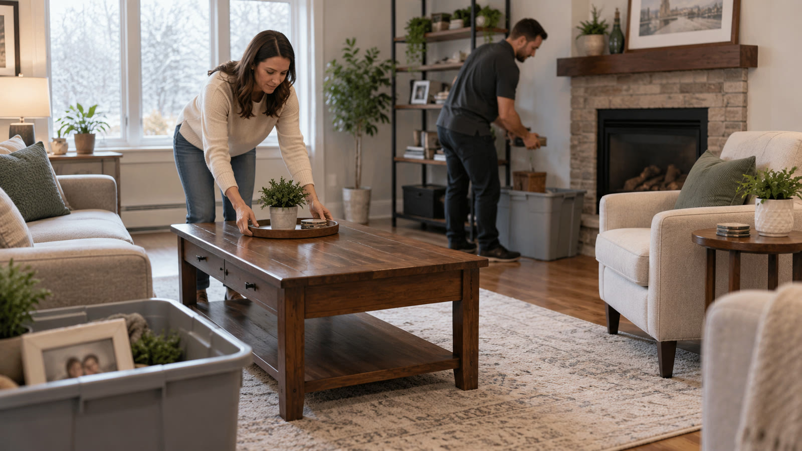 Homeowner and property-care worker clearing a coffee table and organizing décor in an Ottawa living room.